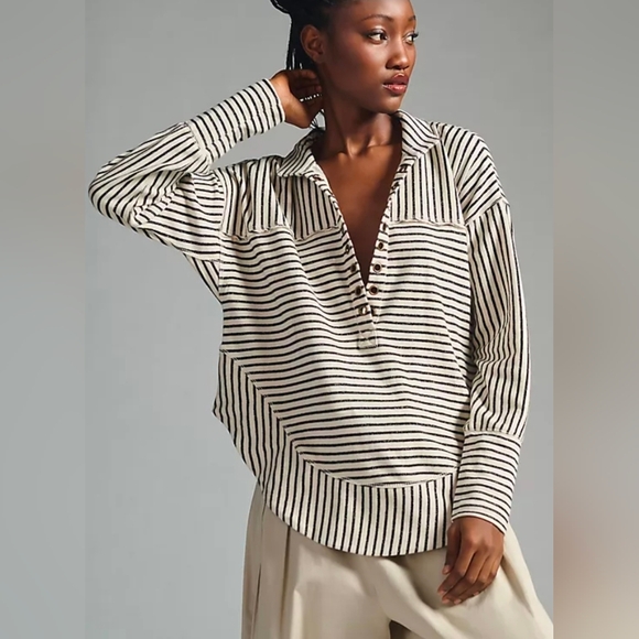 Pilcro Tops - Anthropologie Pilcro Spliced Henley Top Black White Striped Size Small